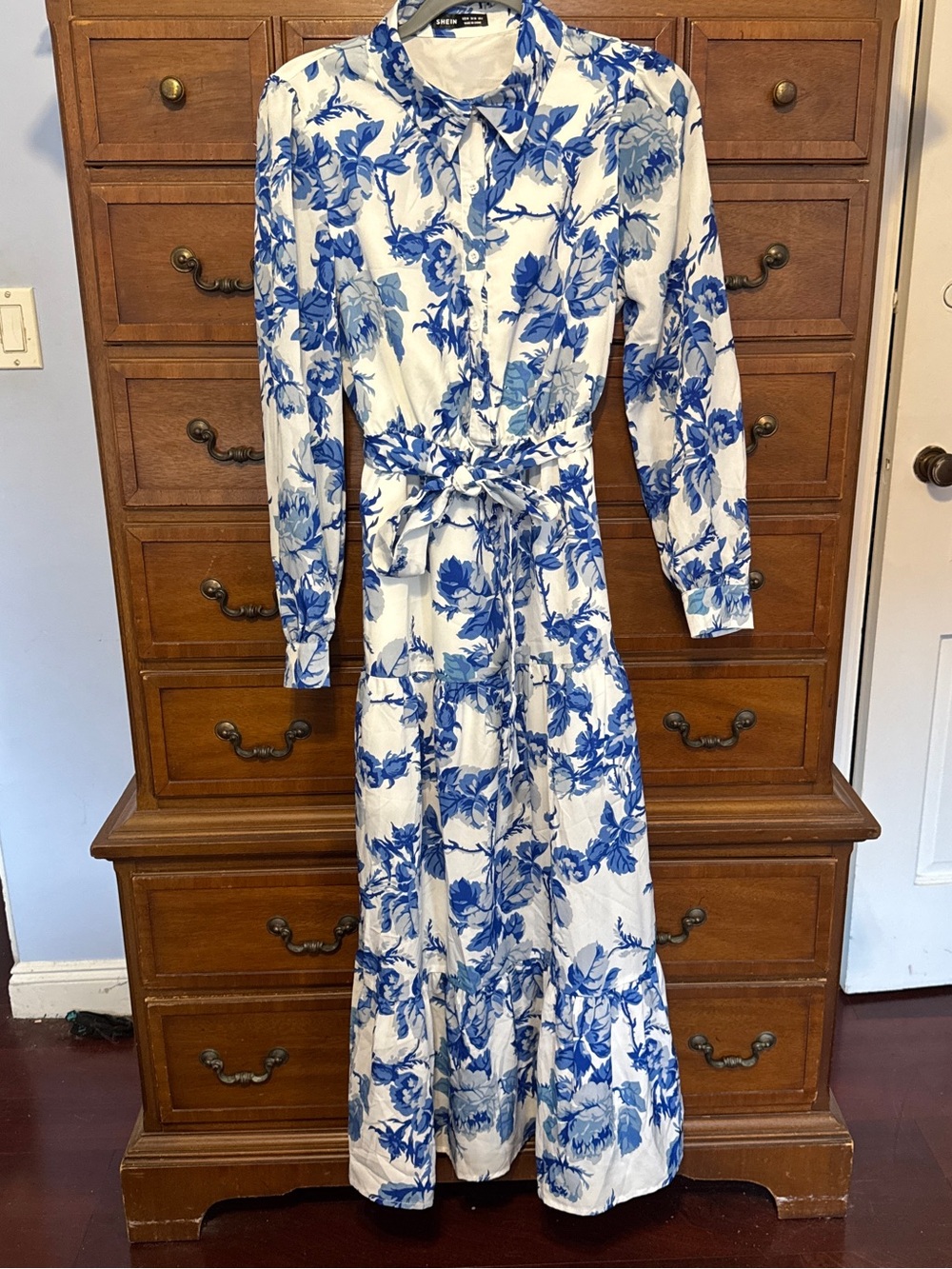 Blue White Floral Maxi Shirt Dress M Toile Coastal Grandmother Cottagecore SHEIN